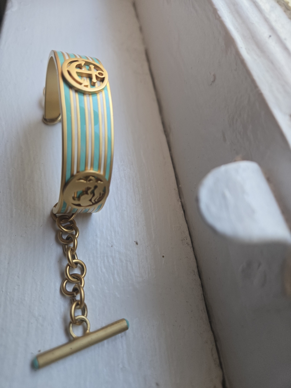 Gold-Tone Turquoise & White Striped Cuff Bracelet with Toggle - Women